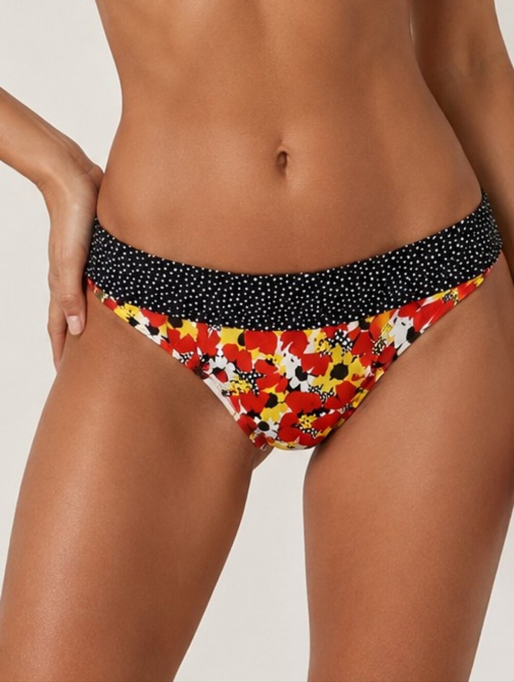 Freya Red Yellow Floral Bikini Bottom with Black Polka Foldover Waist